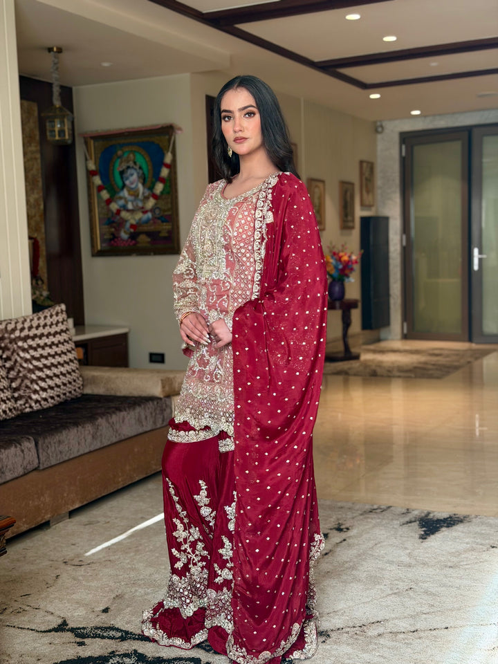 Kundan Embroidered Kurta Sharara Set with Scalloped Hemline