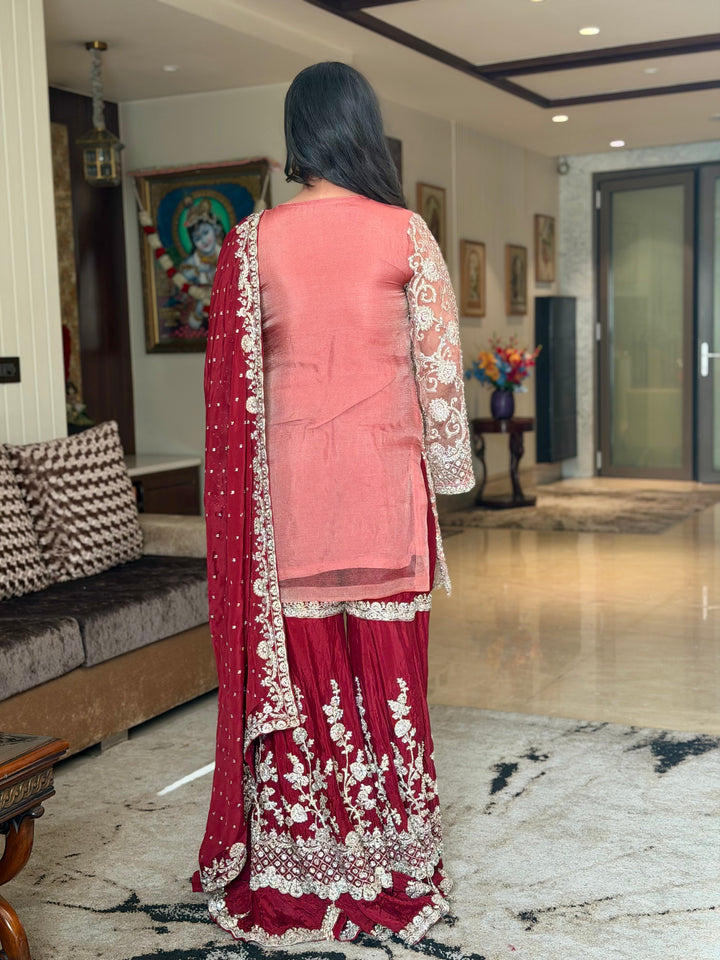 Kundan Embroidered Kurta Sharara Set with Scalloped Hemline