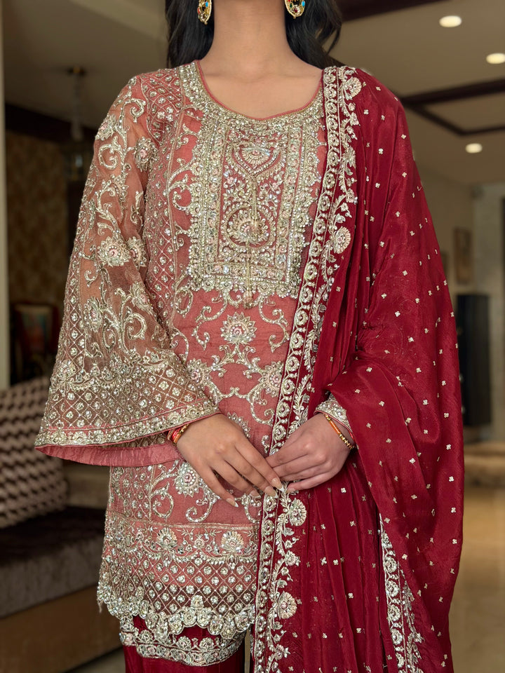 Kundan Embroidered Kurta Sharara Set with Scalloped Hemline