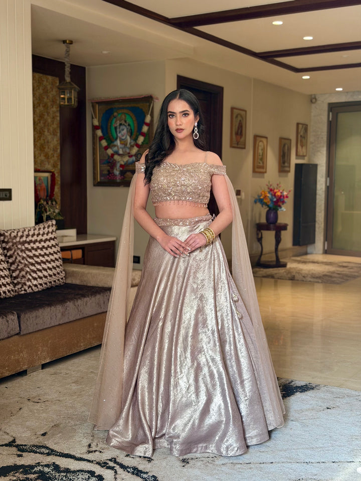 Off-shoulder Emrbroidered Cocktail Lehenga with Metallic Sheen