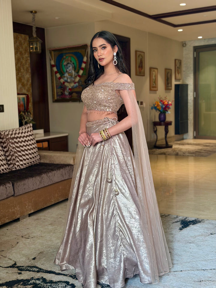 Off-shoulder Emrbroidered Cocktail Lehenga with Metallic Sheen
