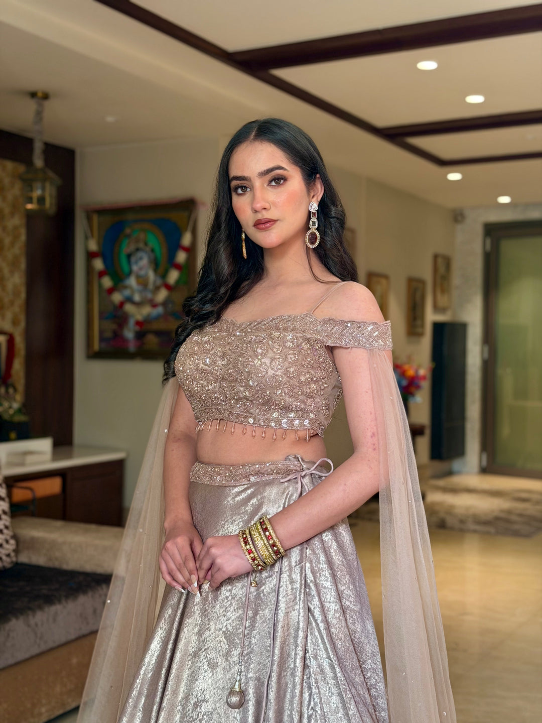 Off-shoulder Emrbroidered Cocktail Lehenga with Metallic Sheen