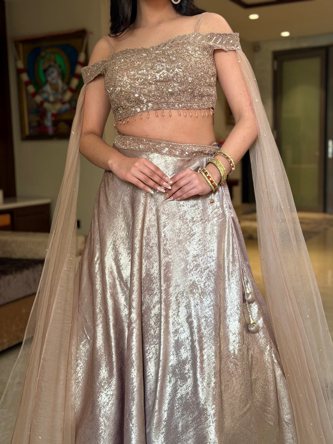 Off-shoulder Emrbroidered Cocktail Lehenga with Metallic Sheen