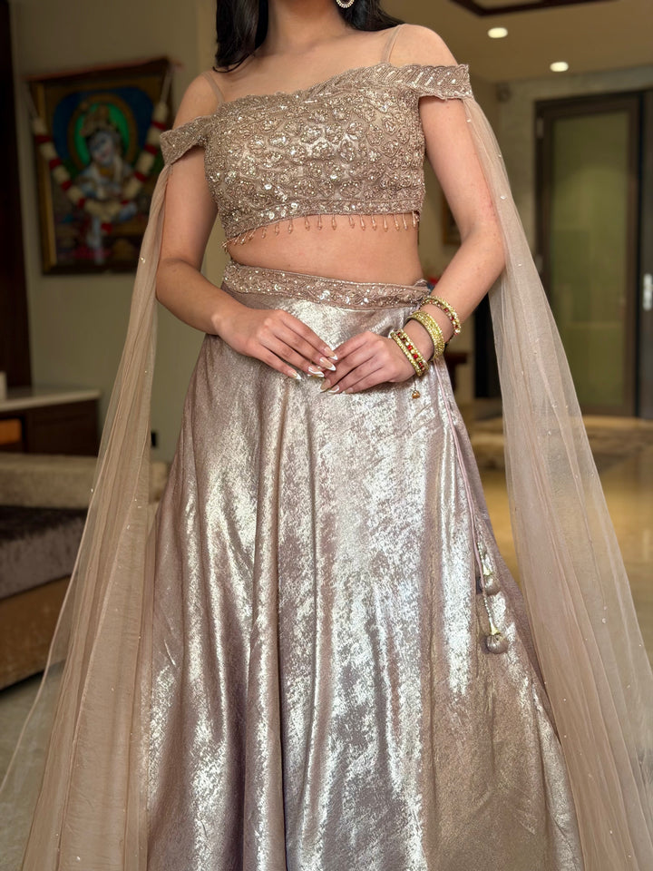 Off-shoulder Emrbroidered Cocktail Lehenga with Metallic Sheen
