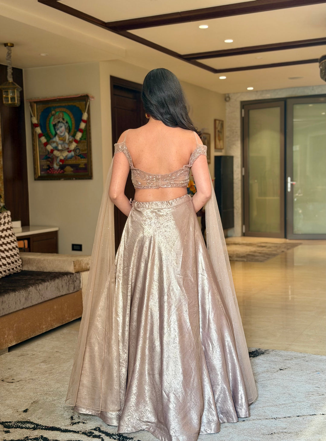 Off-shoulder Emrbroidered Cocktail Lehenga with Metallic Sheen