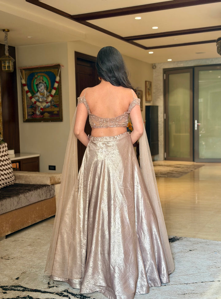 Off-shoulder Emrbroidered Cocktail Lehenga with Metallic Sheen