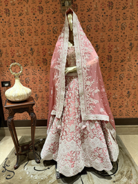 Heavy Thread & Sequin Embroidered Net Bridal Lehenga Set with Embroidered Dupatta in Dusty Pink