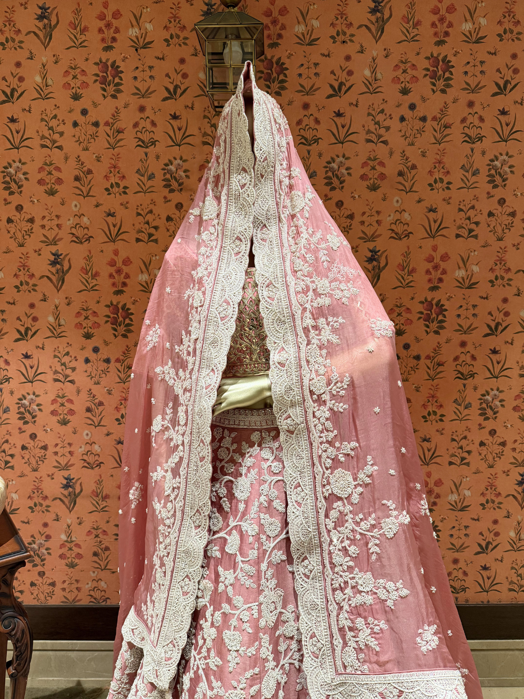 Heavy Thread & Sequin Embroidered Net Bridal Lehenga Set with Embroidered Dupatta in Dusty Pink