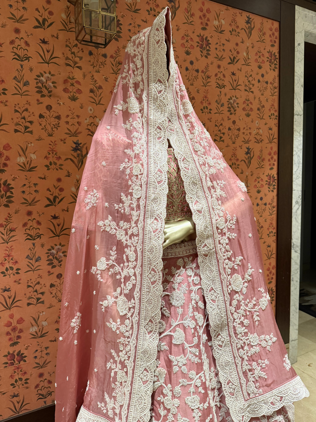 Heavy Thread & Sequin Embroidered Net Bridal Lehenga Set with Embroidered Dupatta in Dusty Pink