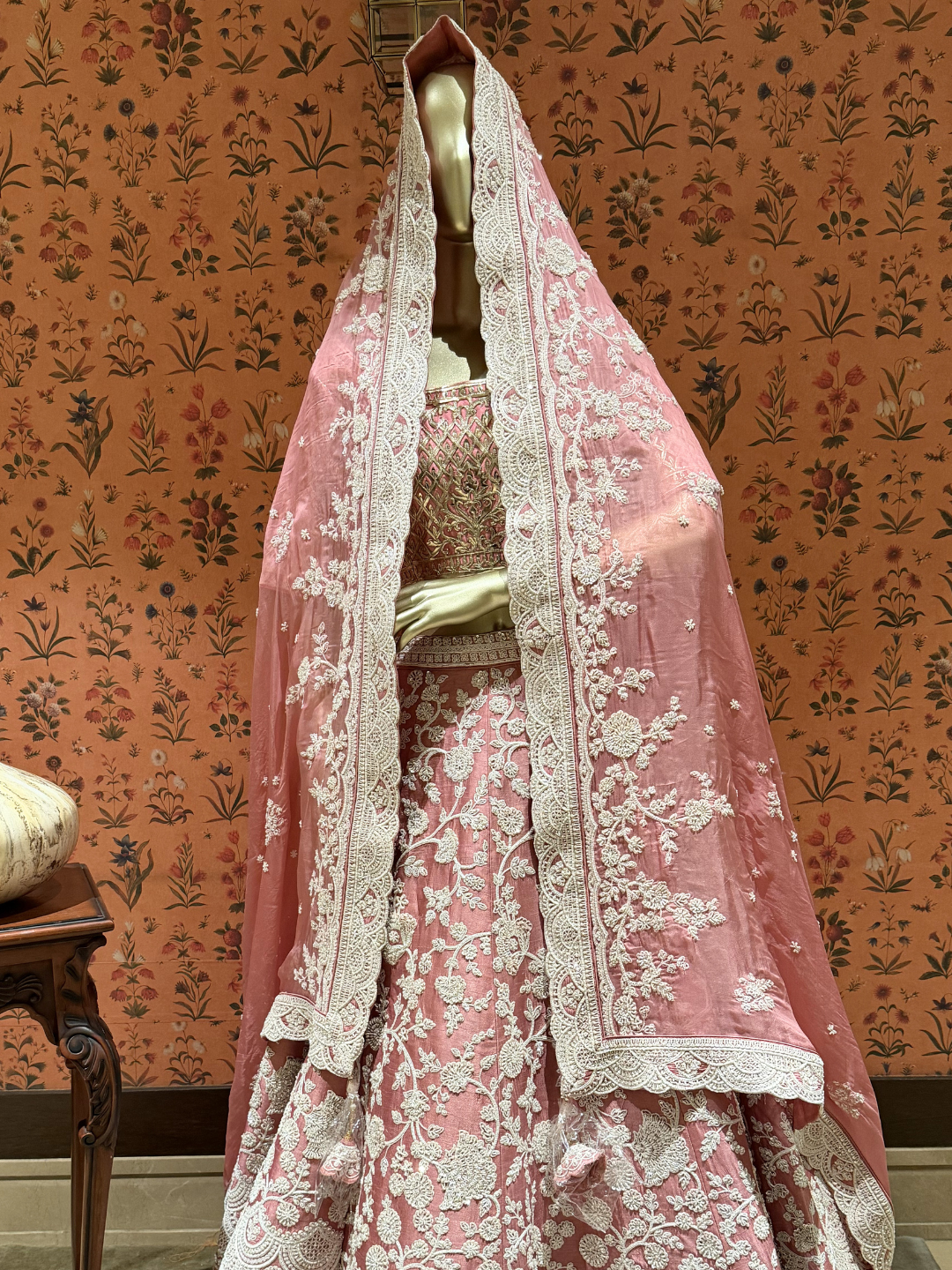 Heavy Thread & Sequin Embroidered Net Bridal Lehenga Set with Embroidered Dupatta in Dusty Pink