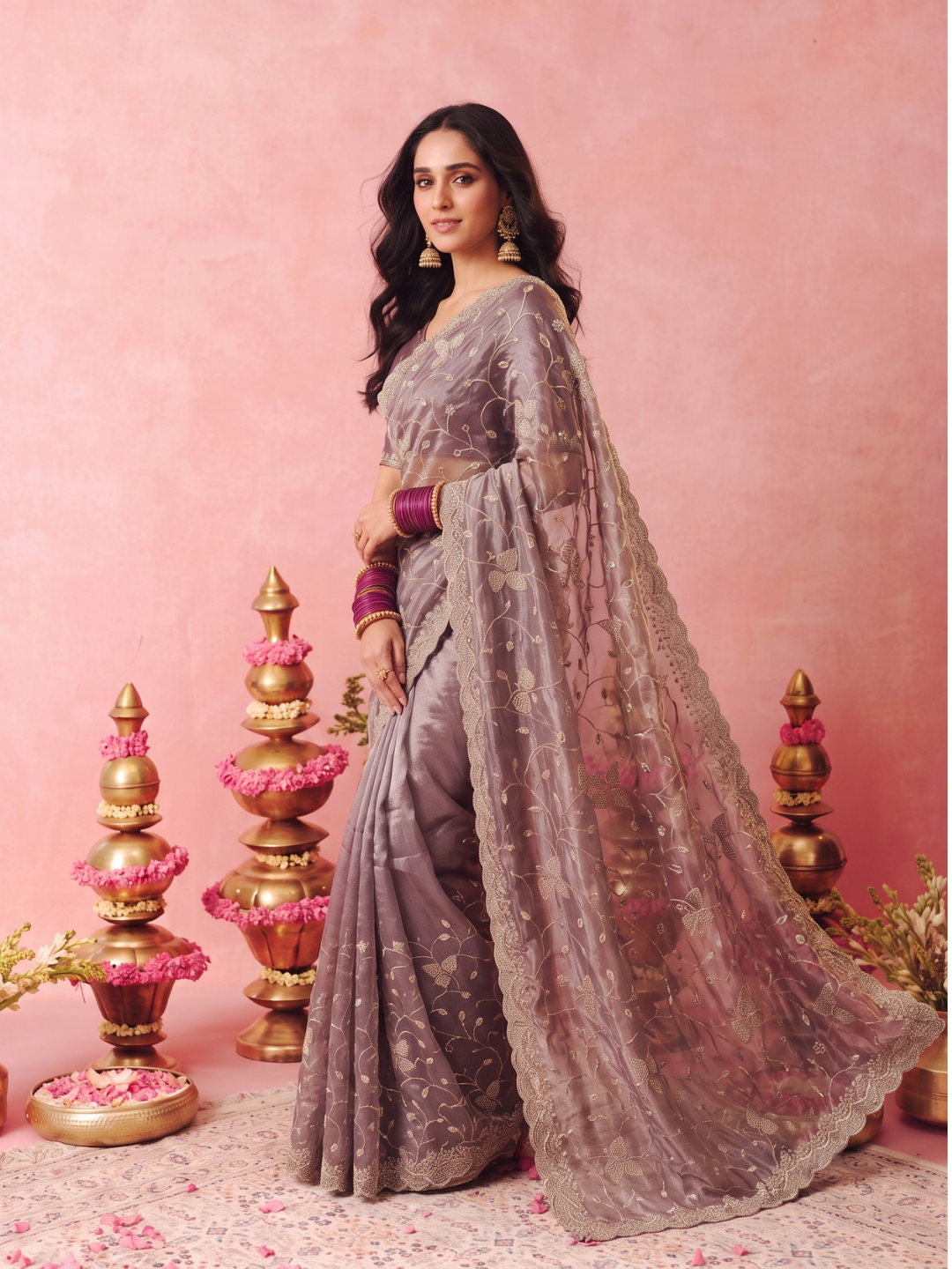 Tissue Organza Saree with Zari Floral Vine Embroidery & Scalloped Cutwork Border