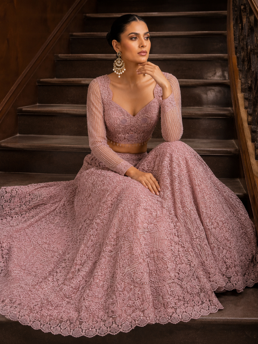 Dusty Pink Net Lehenga Choli with Heavy Resham, Cutdana & Pearl Embroidery with Sequin Striped Sleeves & Net Dupatta