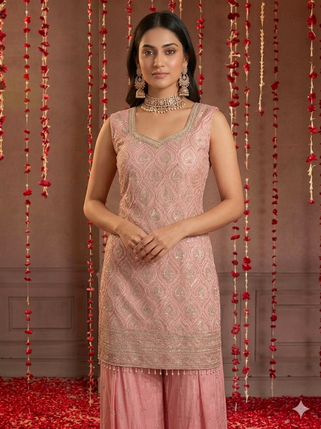 Sequinned Resham Embroidered Georgette Kurta with Sharara and Dupatta with Geometric Jaal Pattern