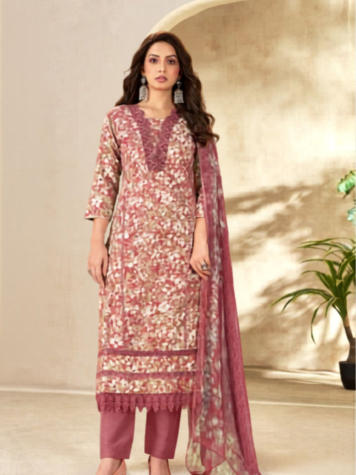 Cotton Floral Printed & Lace Detailed Unstitched Suit Dupatta in Dusty Pink