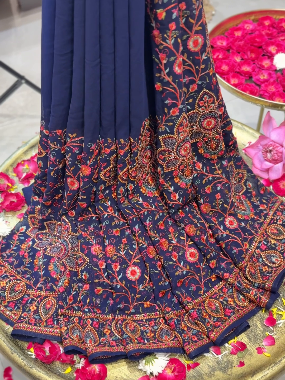 Georgette Heavy Multi-Thread & Sequin Embroidered Floral Jaal saree