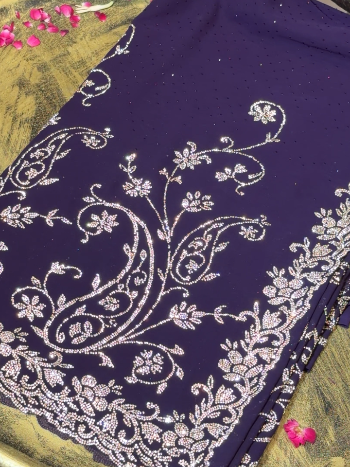 Georgette Heavy Stone & Cutdana Embroidered Paisley & Floral Saree with Embroidered Border