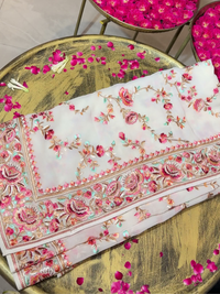 Floral Embroidered Georgette Saree in White