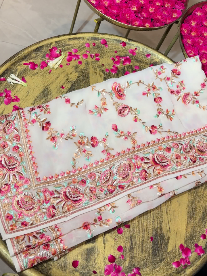 Floral Embroidered Georgette Saree in White