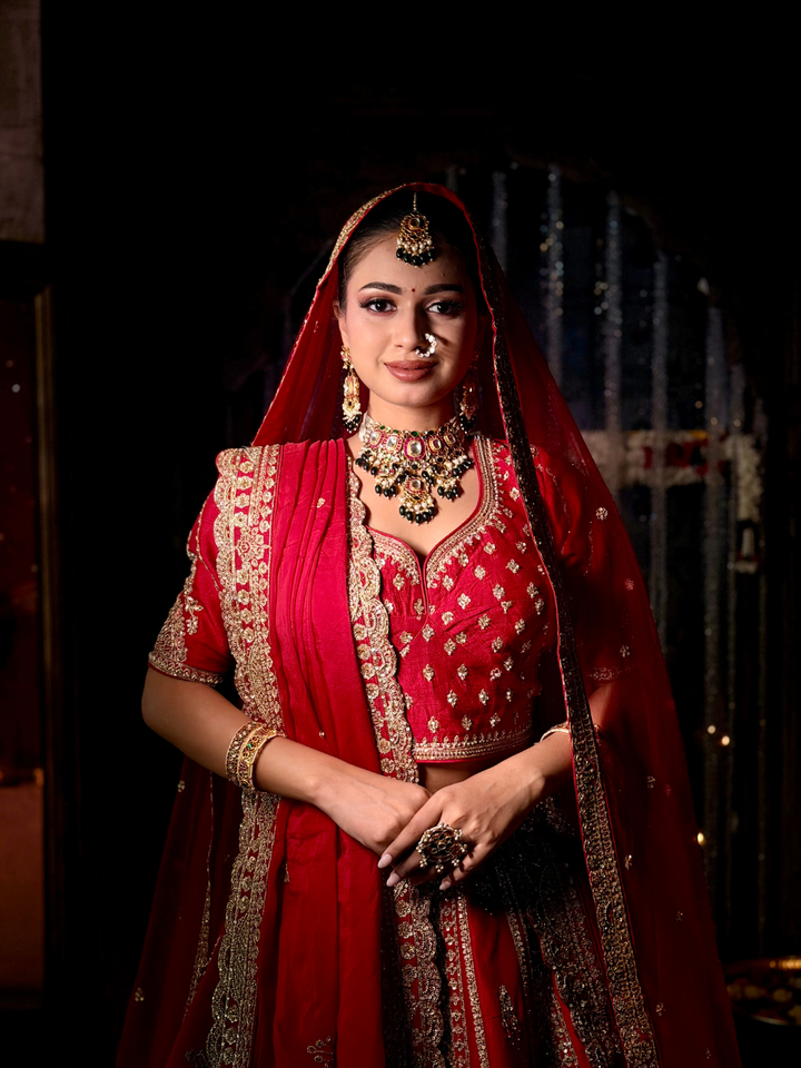 Golden Booti Embroidered Bridal Lehenga Choli Set in Red