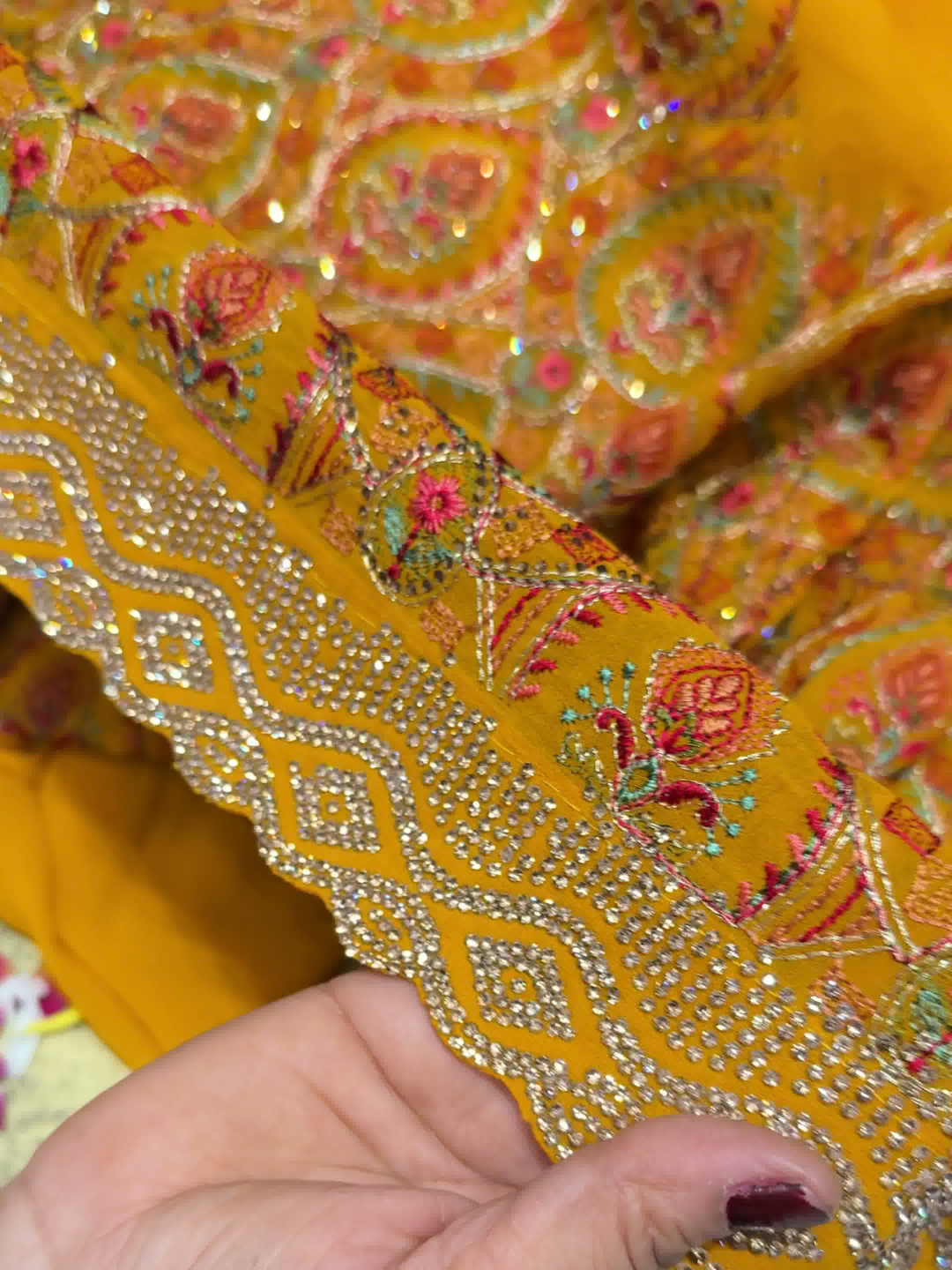 Mustard Multicolor Embroidered Paisley Saree with Scalloped Border