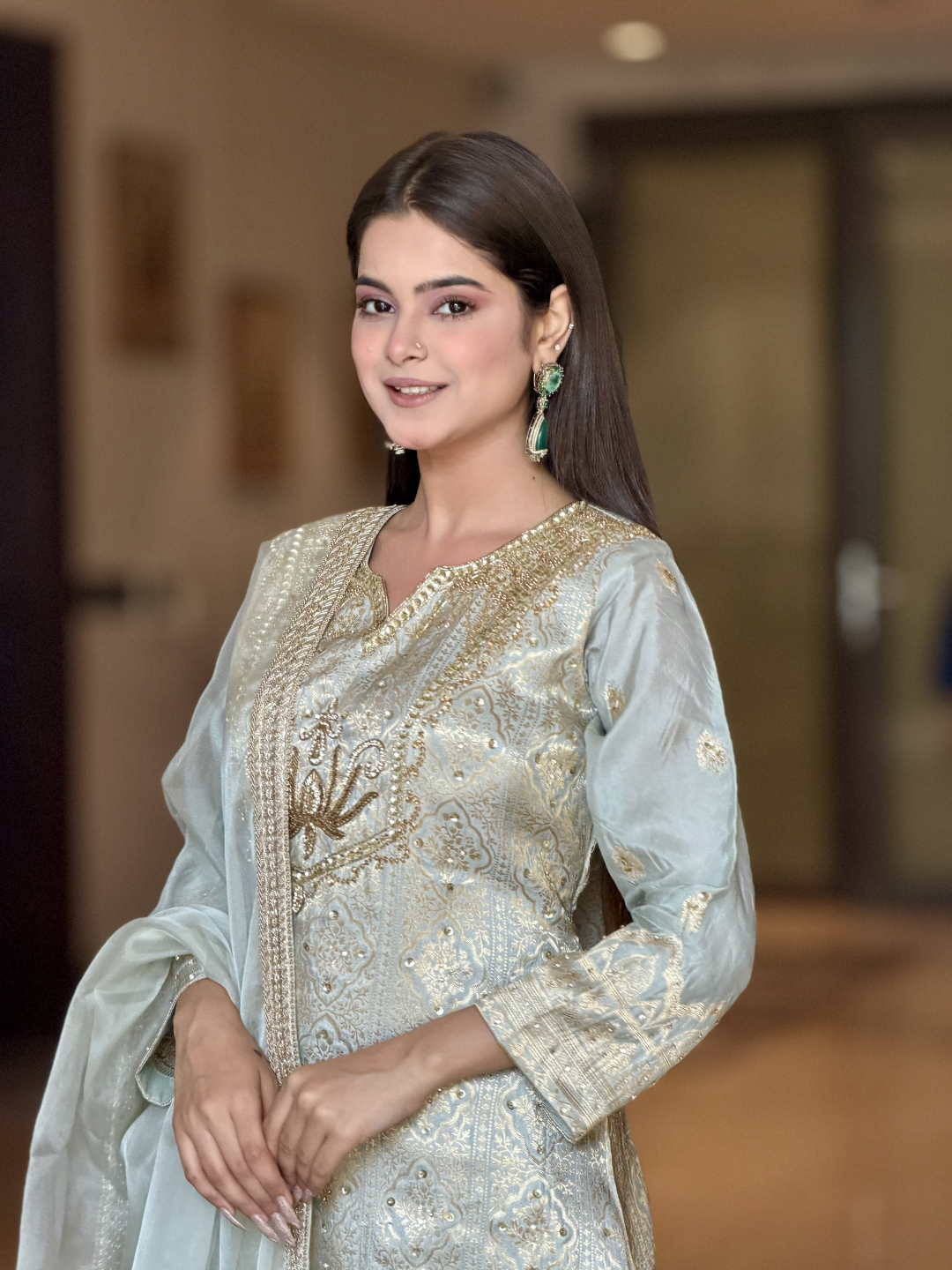 Banarasi Silk Zari Jaal Woven & Embroidered Kurta Sharara Set with Dupatta in Powder Blue