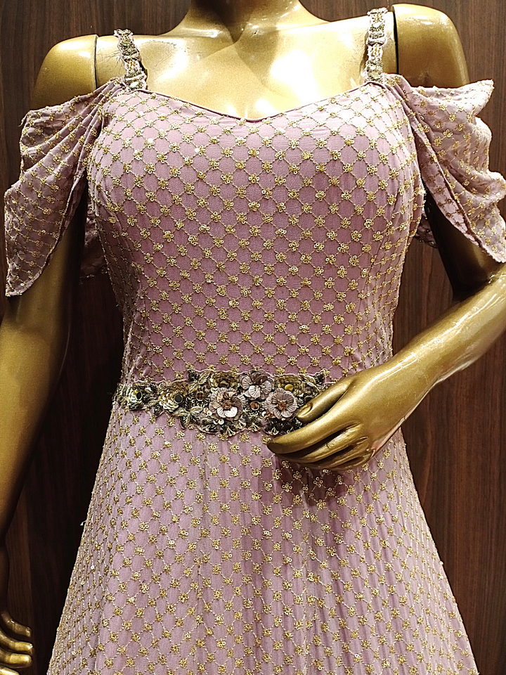 Pastel Pink Sequence Embellished Cocktail Gown with Ruffled Stylised Sleeves