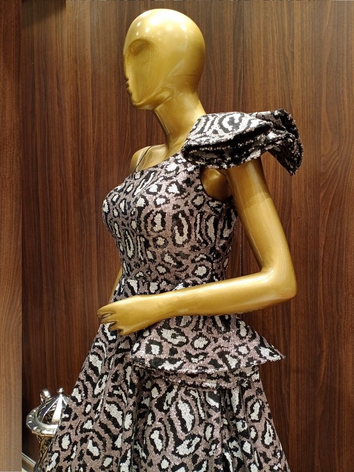 Ruffled Shoulder Flared Sequence Gown With Black,Gold Embellishments