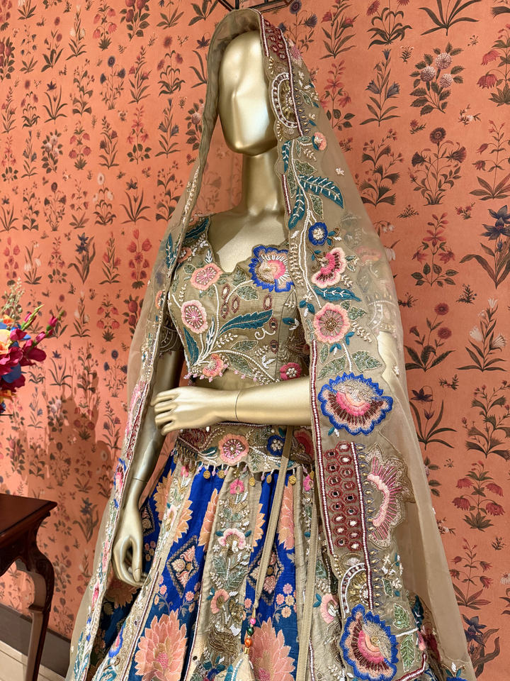 Heavy Multicolor Resham & Zari Embroidered Bridal Lehenga Set with Net Dupatta in Royal Blue