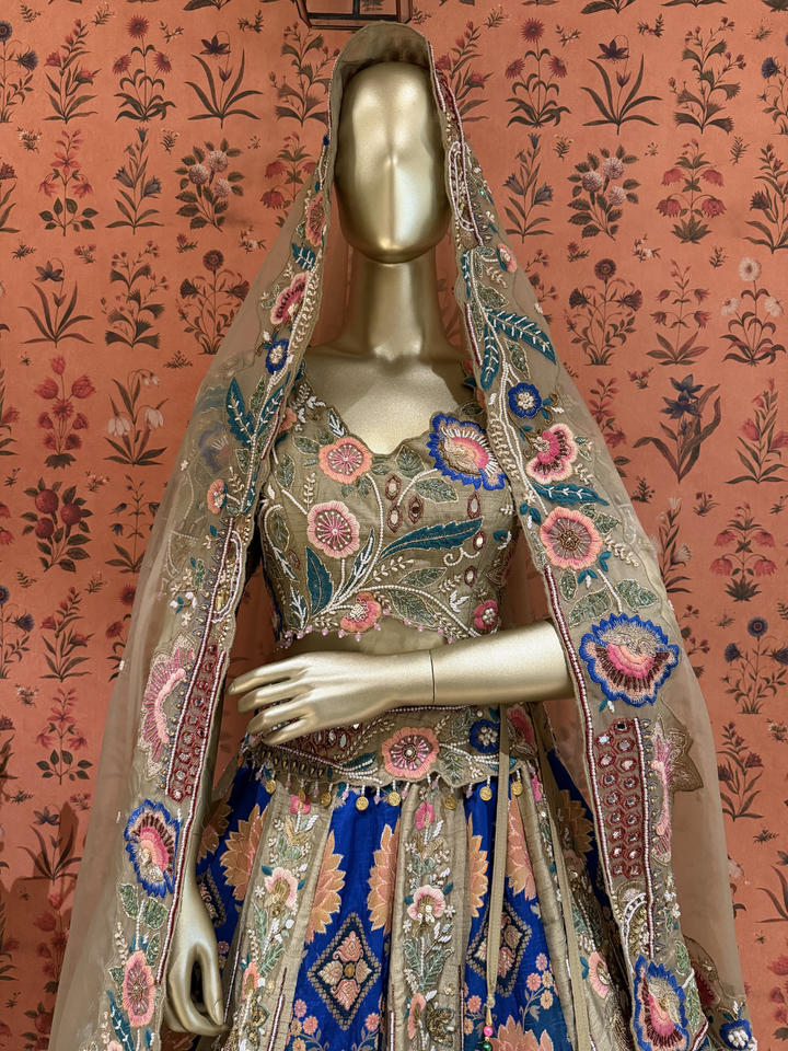 Heavy Multicolor Resham & Zari Embroidered Bridal Lehenga Set with Net Dupatta in Royal Blue