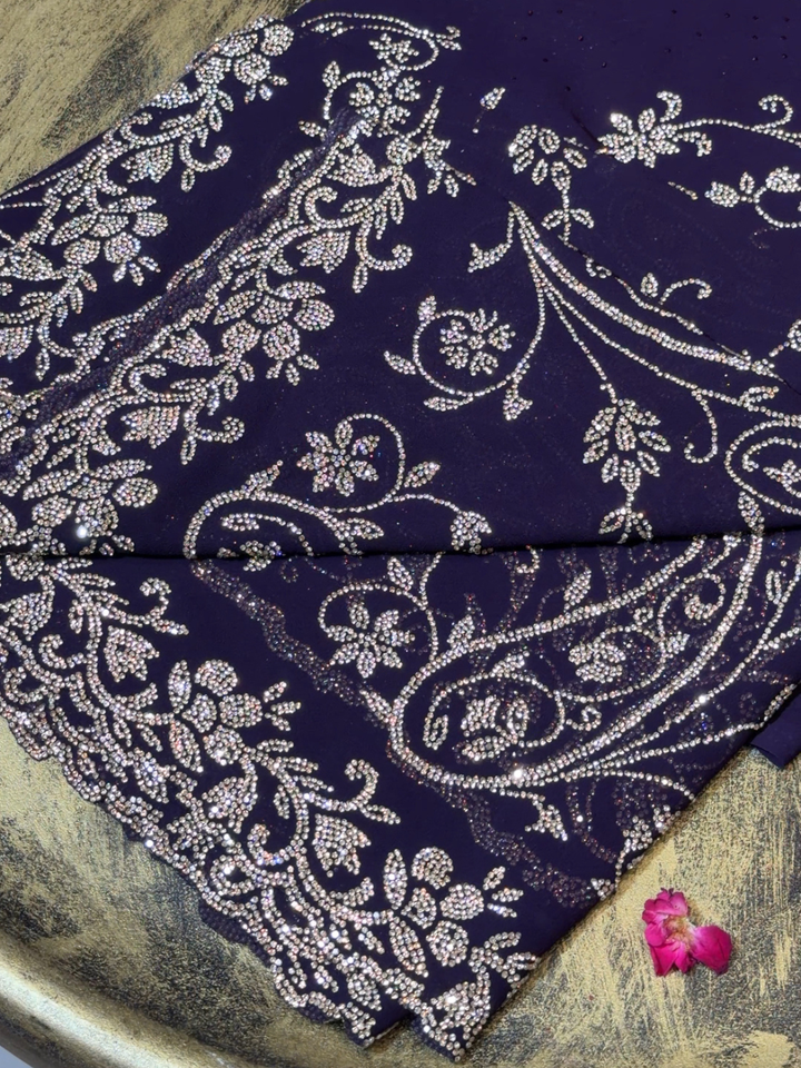 Georgette Heavy Stone & Cutdana Embroidered Paisley & Floral Saree with Embroidered Border