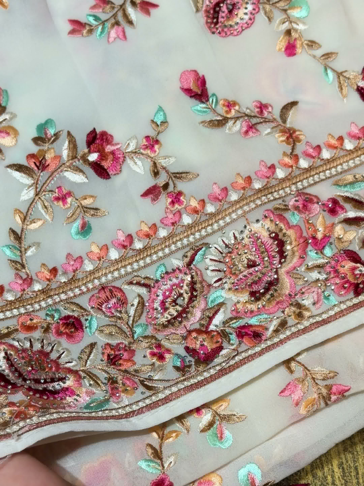 Floral Embroidered Georgette Saree in White