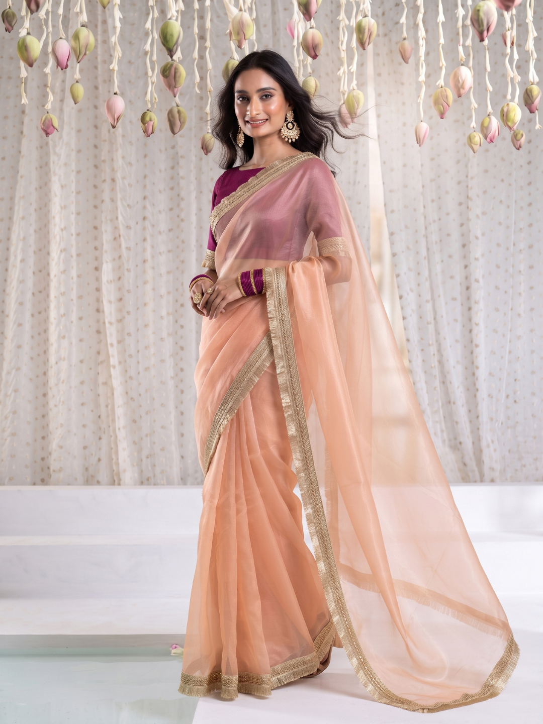 Tissue Organza Saree with Gold Zari Sequin Lace & Fringe Border