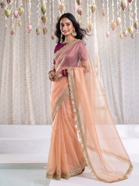 Tissue Organza Saree with Gold Zari Sequin Lace & Fringe Border