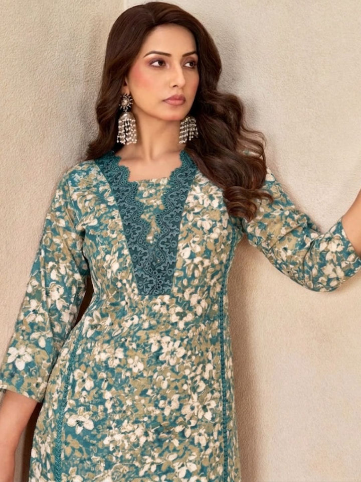 Cotton Floral Printed & Lace Detailed Unstitched Suit Dupatta in Teal & Beige