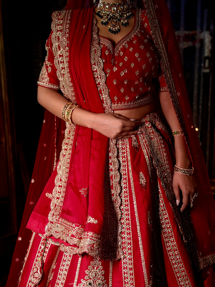Golden Booti Embroidered Bridal Lehenga Choli Set in Red