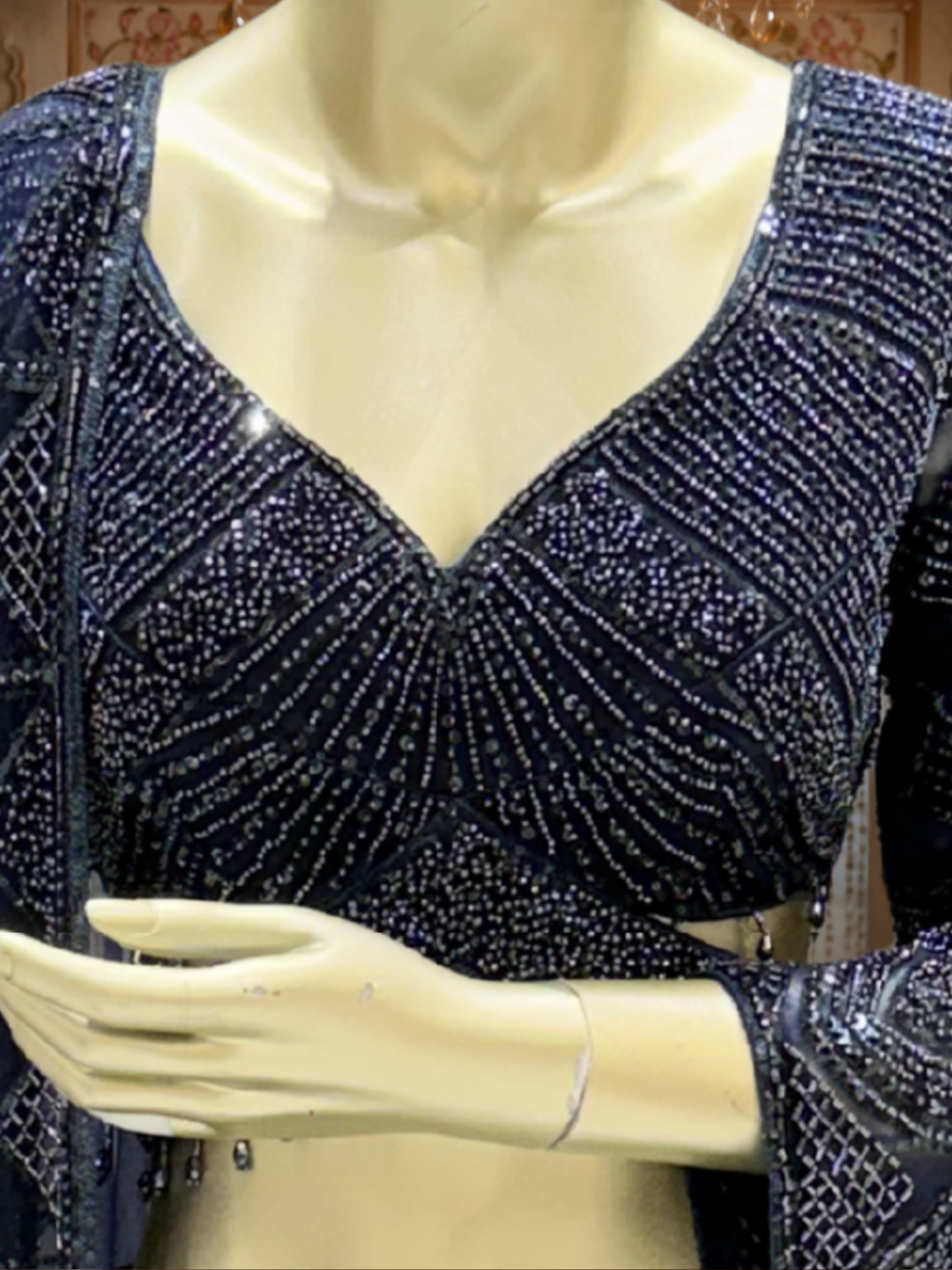 Navy Blue Net Lehenga Choli with Heavy Cutdana & Sequin Geometric Embroidery with Net Dupatta