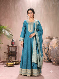 Silk Bandhani Zari Embroidered Anarkali with Banarasi Dupatta in Blue
