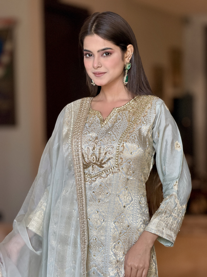 Banarasi Silk Zari Jaal Woven & Embroidered Kurta Sharara Set with Dupatta in Powder Blue