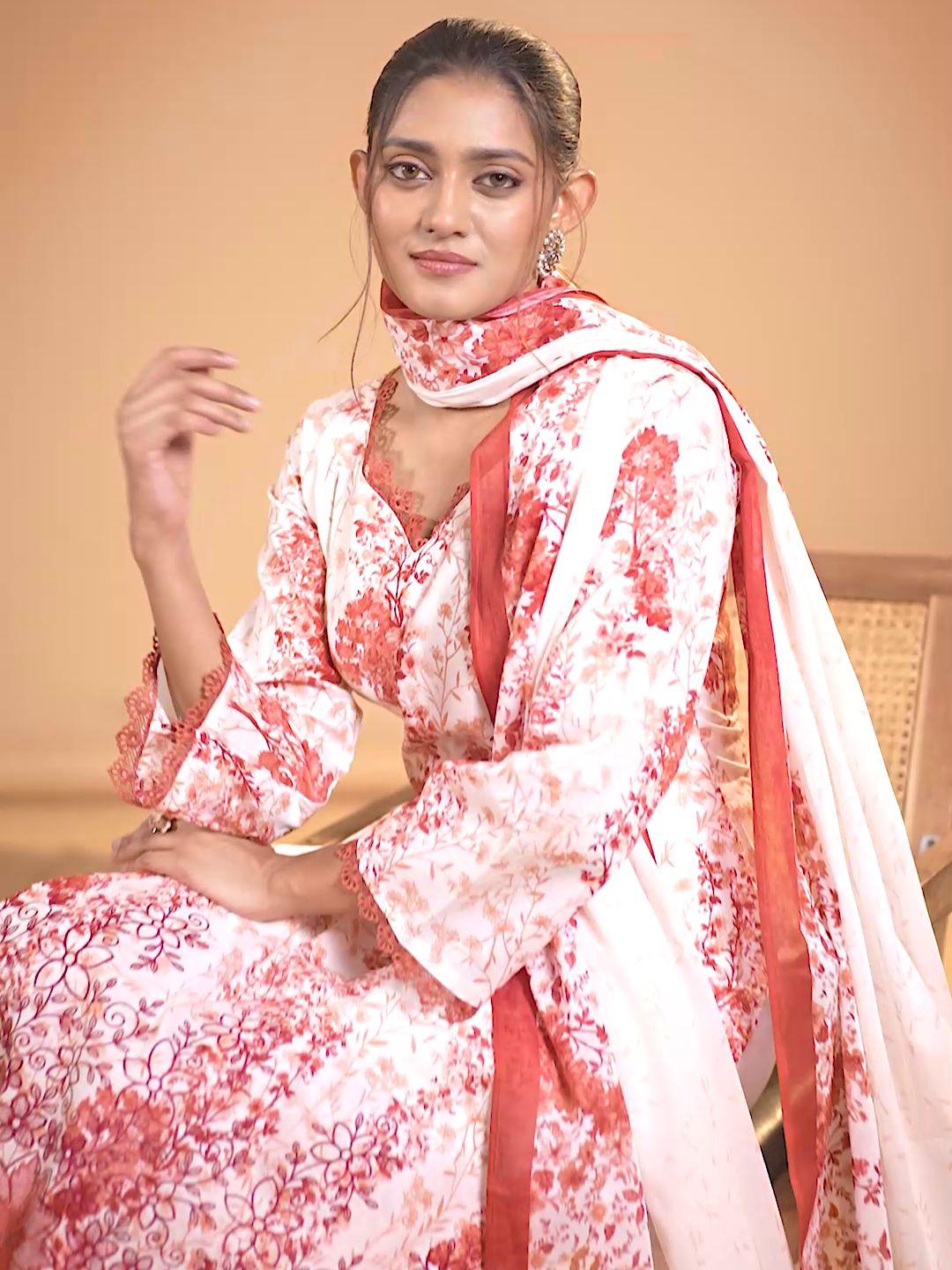 Cotton Floral Printed & Embroidered Unstitched Suit Dupatta in White & Red