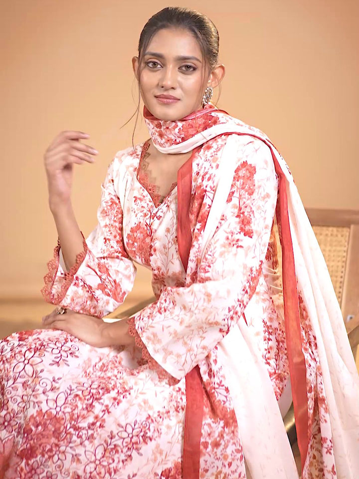 Cotton Floral Printed & Embroidered Unstitched Suit Dupatta in White & Red