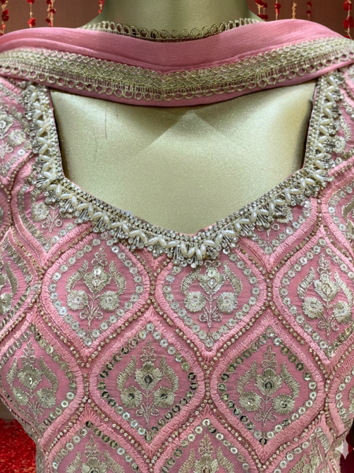 Sequinned Resham Embroidered Georgette Kurta with Sharara and Dupatta with Geometric Jaal Pattern