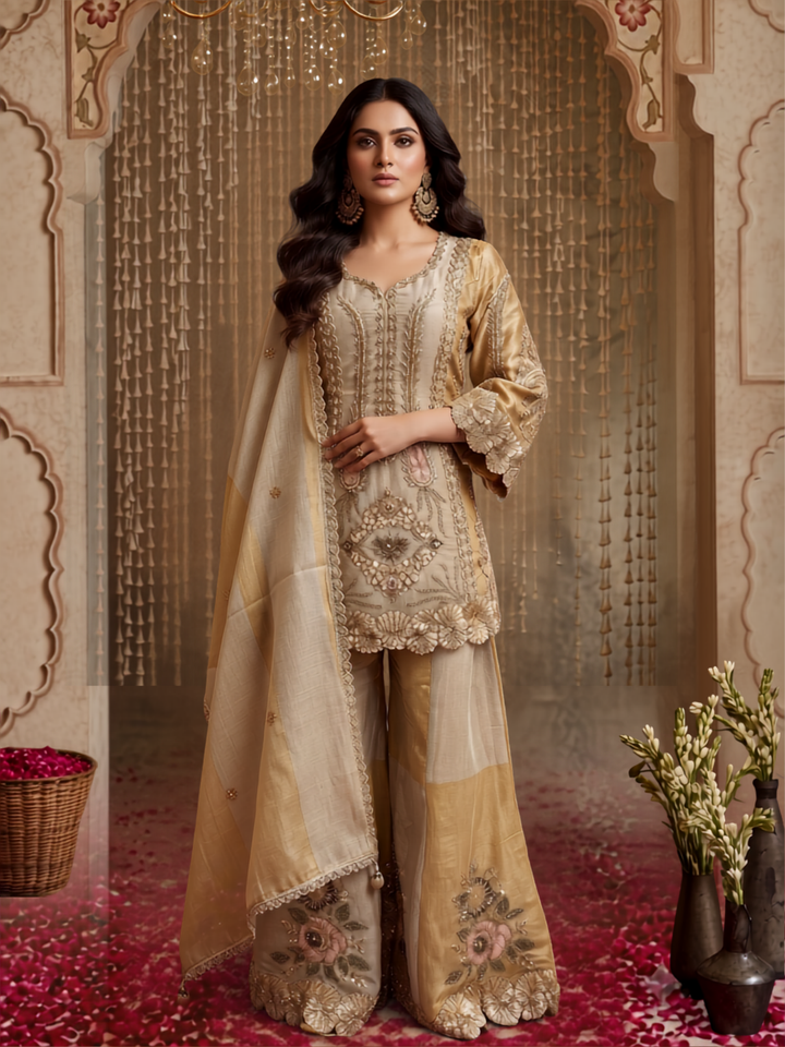 Dual-Tone Embroidered Kurta with Sharara Set in Beige Gold