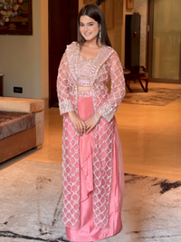 Net Heavy Sequin Embroidered Crop Top with Dhoti and Full Sleeve Embroidered Jacket in Peach