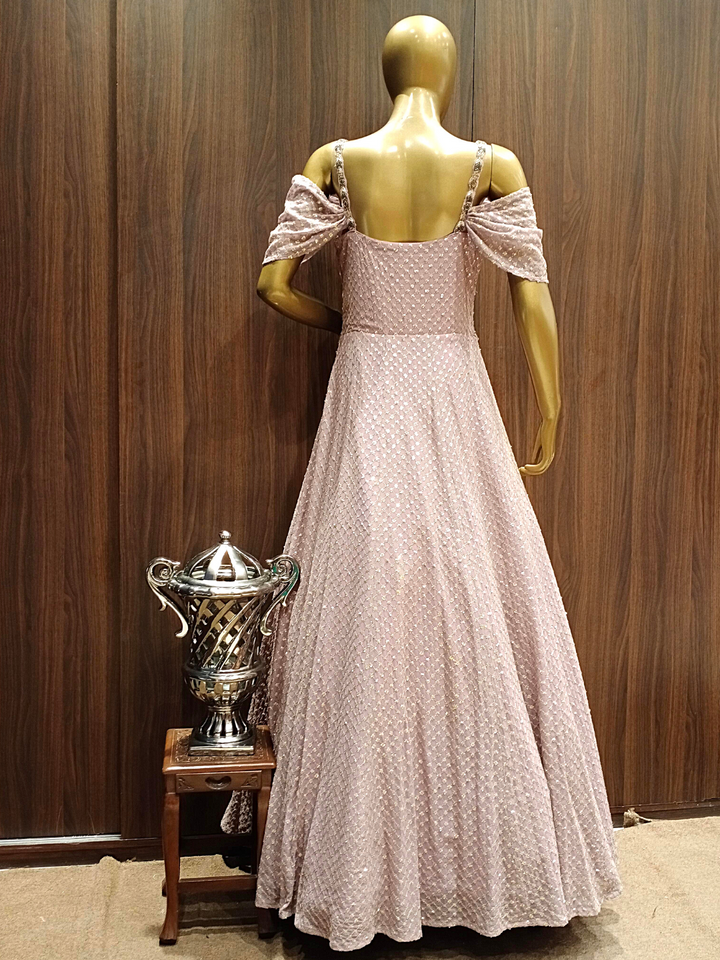 Pastel Pink Sequence Embellished Cocktail Gown with Ruffled Stylised Sleeves