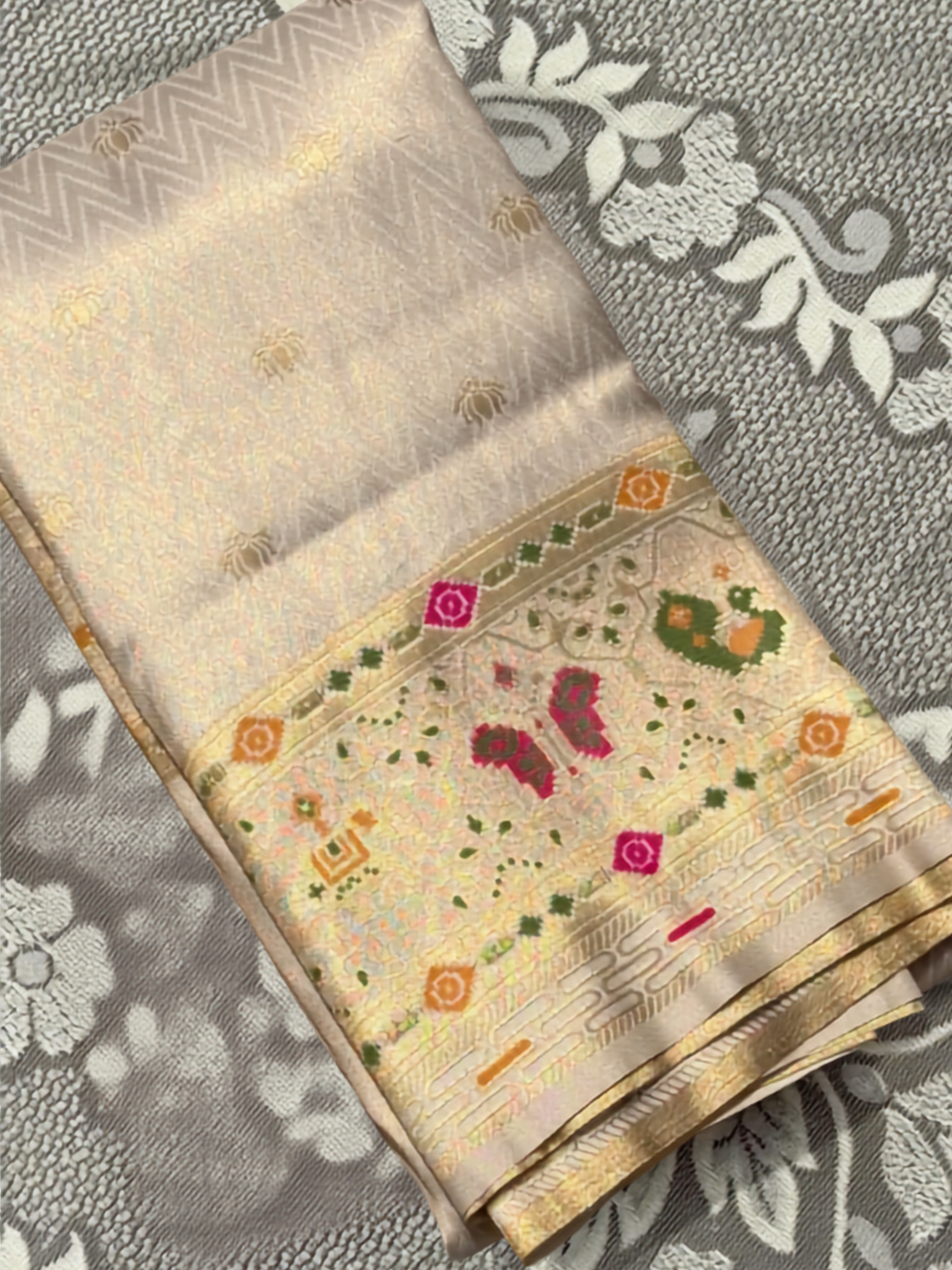 Patola Weave Banarasi Silk Saree with Animal Motif in Cream
