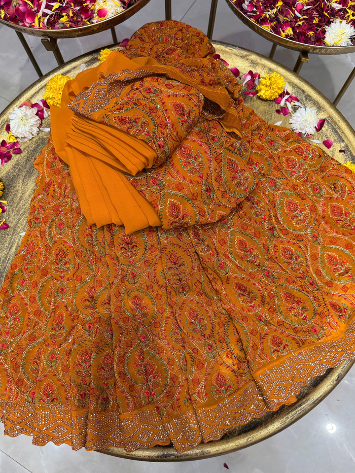 Mustard Multicolor Embroidered Paisley Saree with Scalloped Border