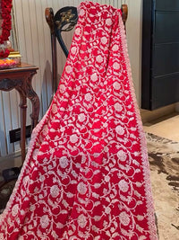Royal Red Saree with Intricate Silver Zari Embroidery & Scallop Border