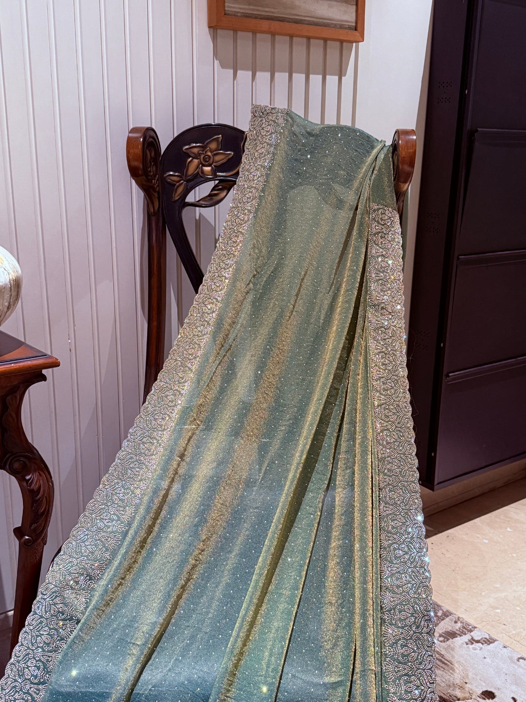 Shimmer Georgette Saree with Floral Sequin Border & Tiny Sequin Accents