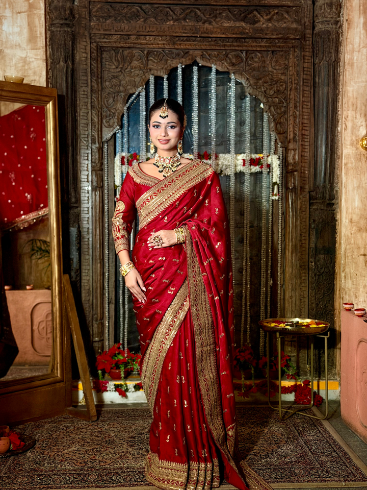 Zari Embroidered Silk Saree with Sequin Butti in Maroon Red
