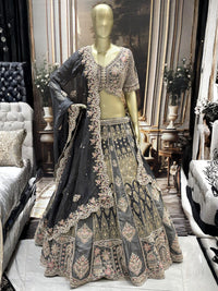 Embroidered lehenga set with floral zari, sequins and scalloped organza dupatta.